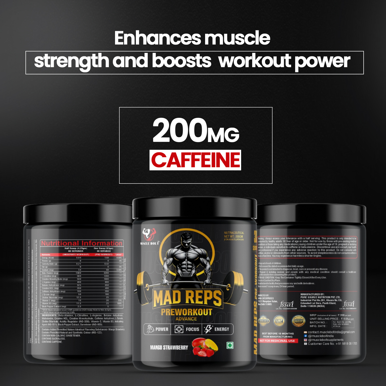 MUSCLEBOLT 255 Gram 60 Servings Pre Workout with Creatine Monohydrate, Arginine Beta-Alanine,(Mango Strawberry ) - Image 5