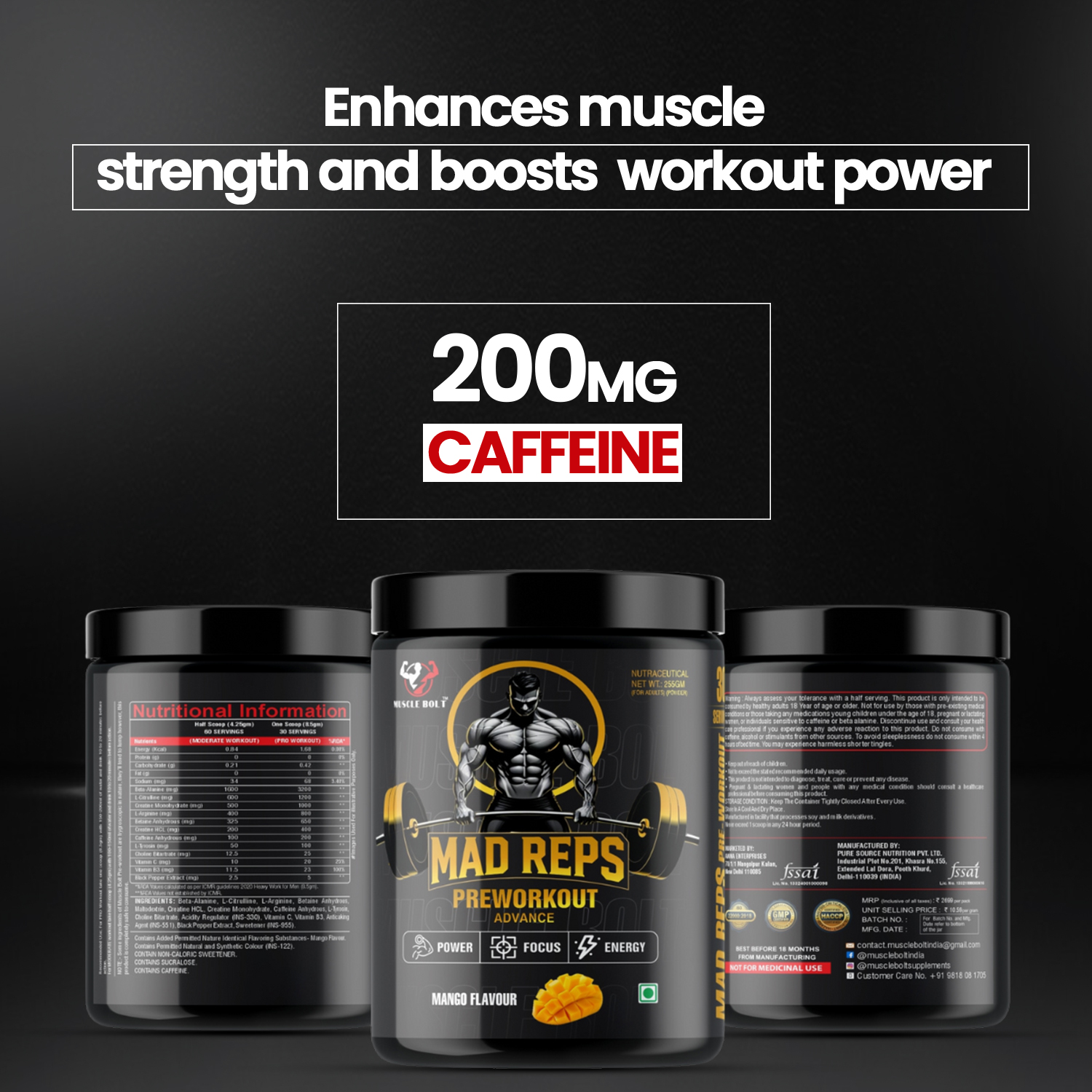 MUSCLEBOLT 255 Gram 60 Servings Pre Workout with Creatine Monohydrate, Arginine Beta-Alanine,(Mango) - Image 5