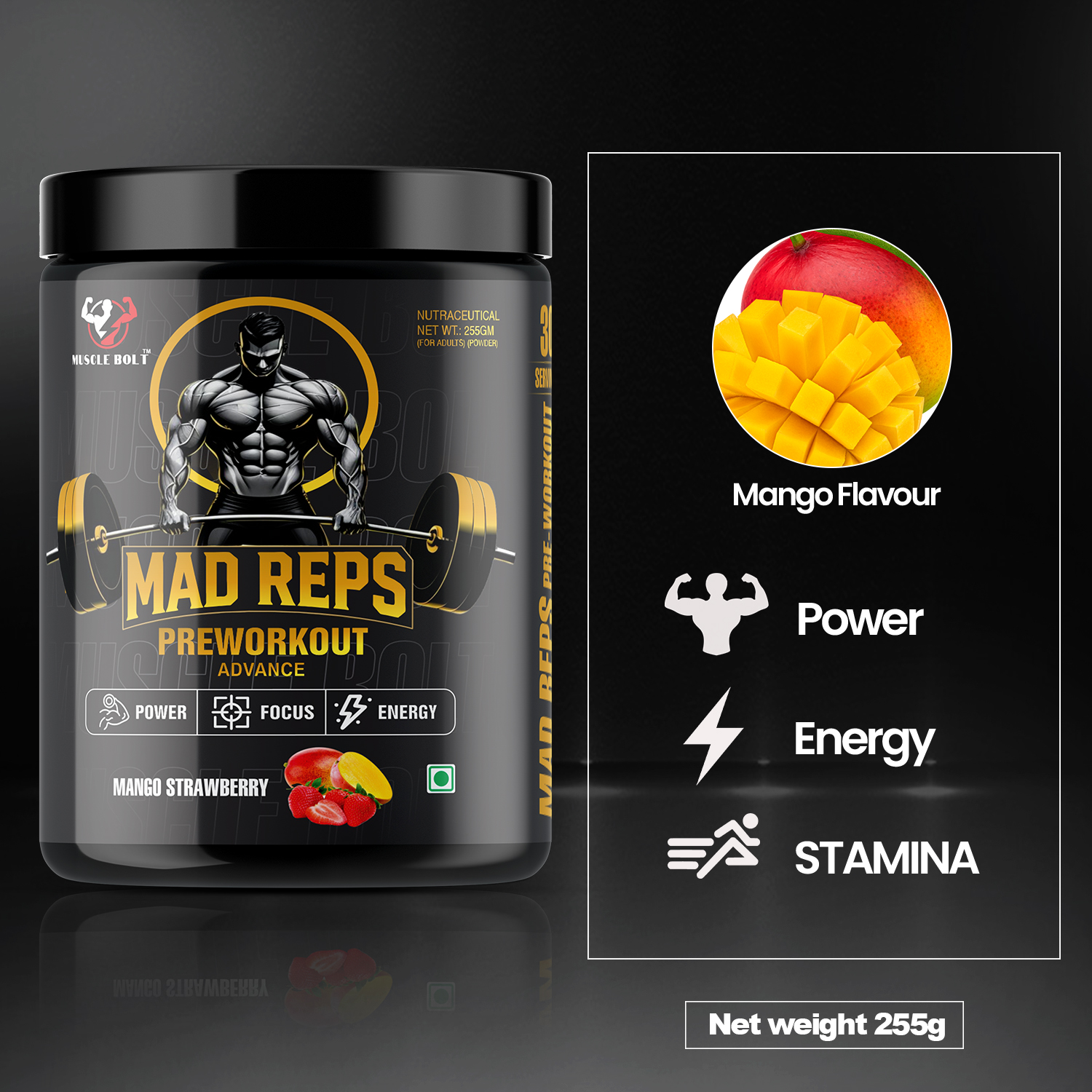 MUSCLEBOLT 255 Gram 60 Servings Pre Workout with Creatine Monohydrate, Arginine Beta-Alanine,(Mango Strawberry ) - Image 4