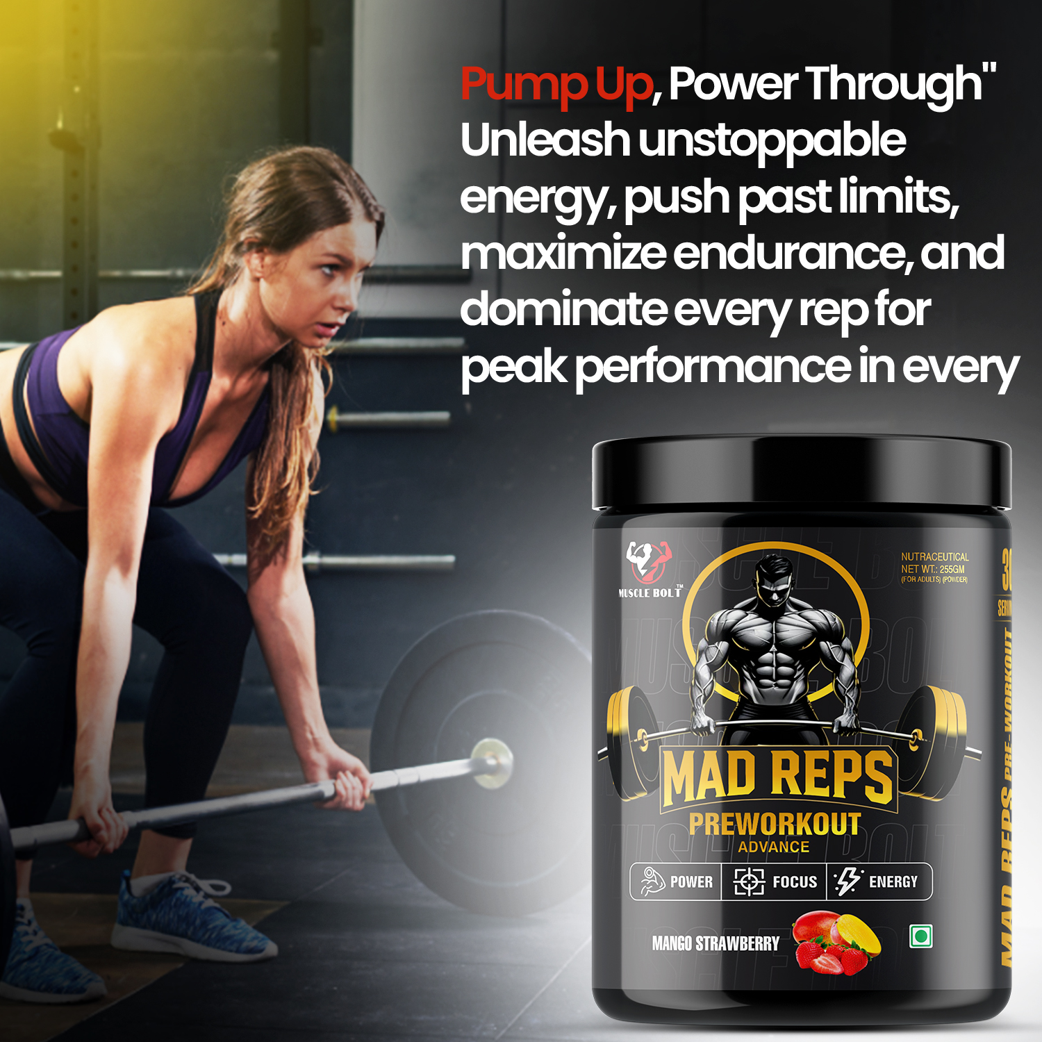 MUSCLEBOLT 255 Gram 60 Servings Pre Workout with Creatine Monohydrate, Arginine Beta-Alanine,(Mango Strawberry ) - Image 3