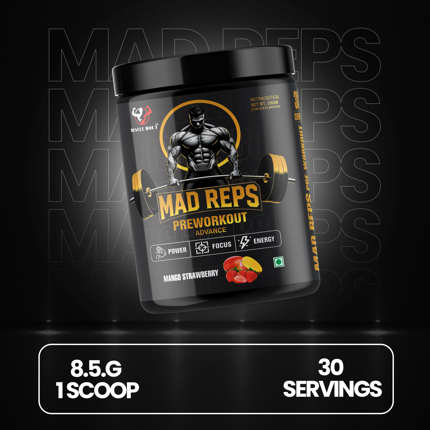 MUSCLEBOLT 255 Gram 60 Servings Pre Workout with Creatine Monohydrate, Arginine Beta-Alanine,(Mango Strawberry ) - Image 2