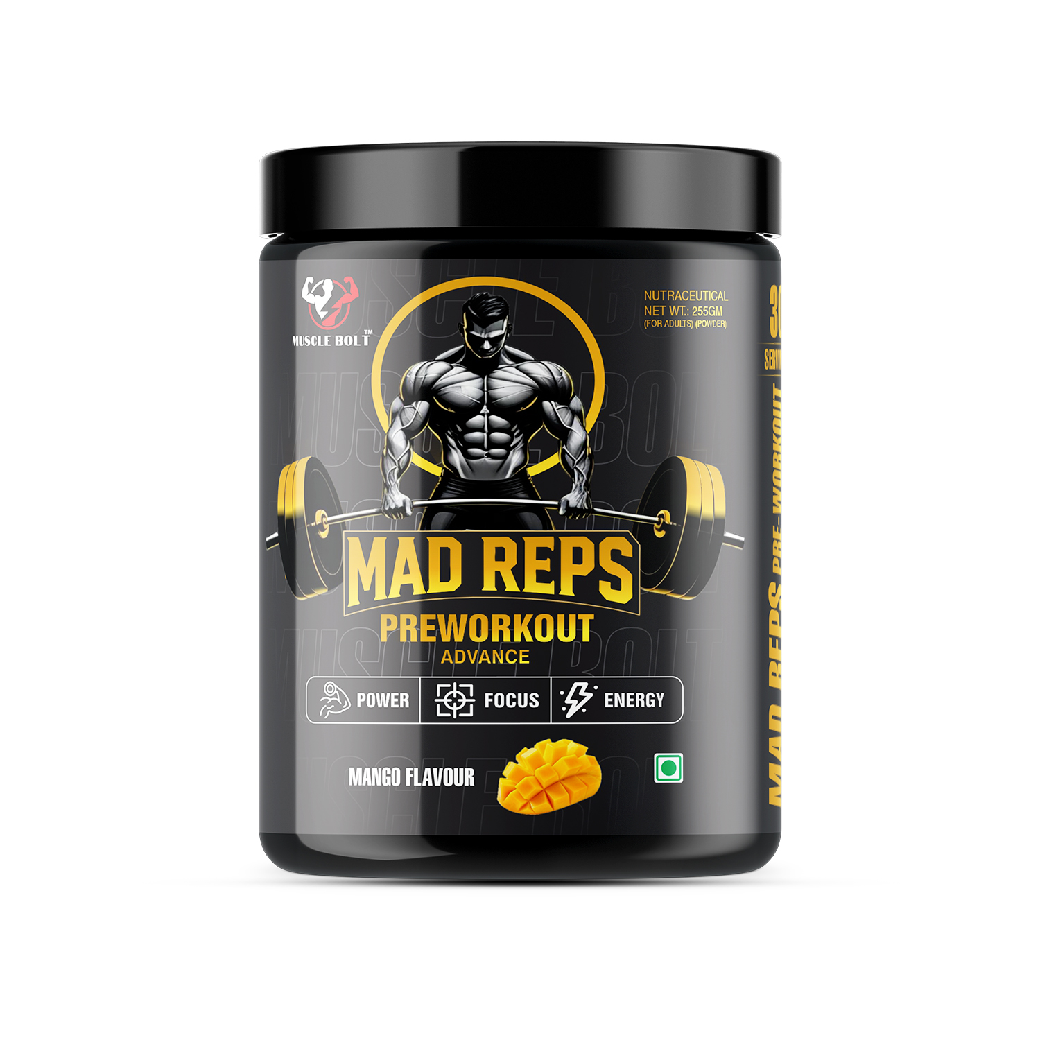 MUSCLEBOLT 255 Gram 60 Servings Pre Workout with Creatine Monohydrate, Arginine Beta-Alanine,(Mango)