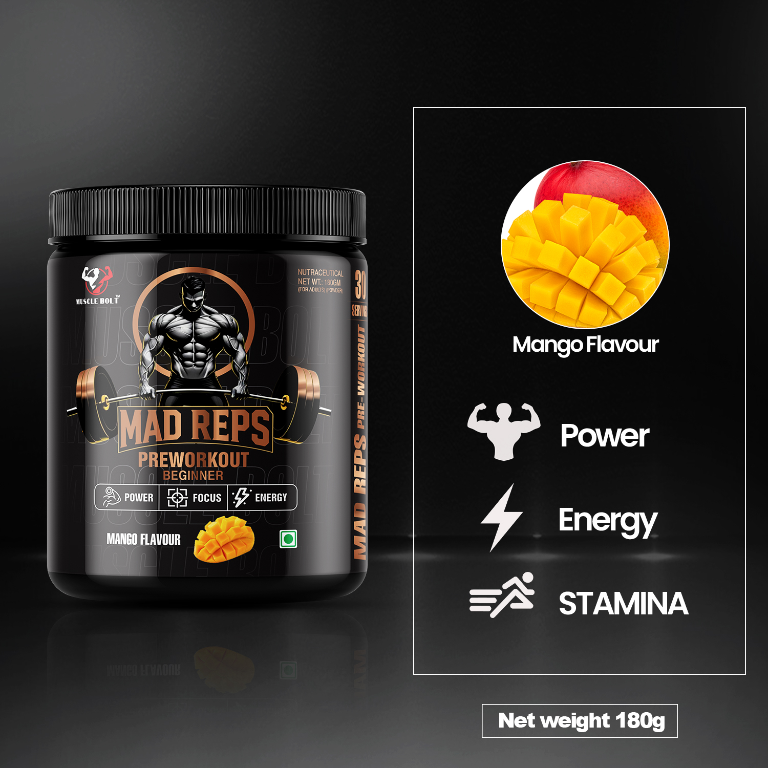 MUSCLEBOLT 180Gram 30Servings Beginner Pre Workout with Creatine Monohydrate, Arginine Beta-Alanine,(Mango) - Image 3