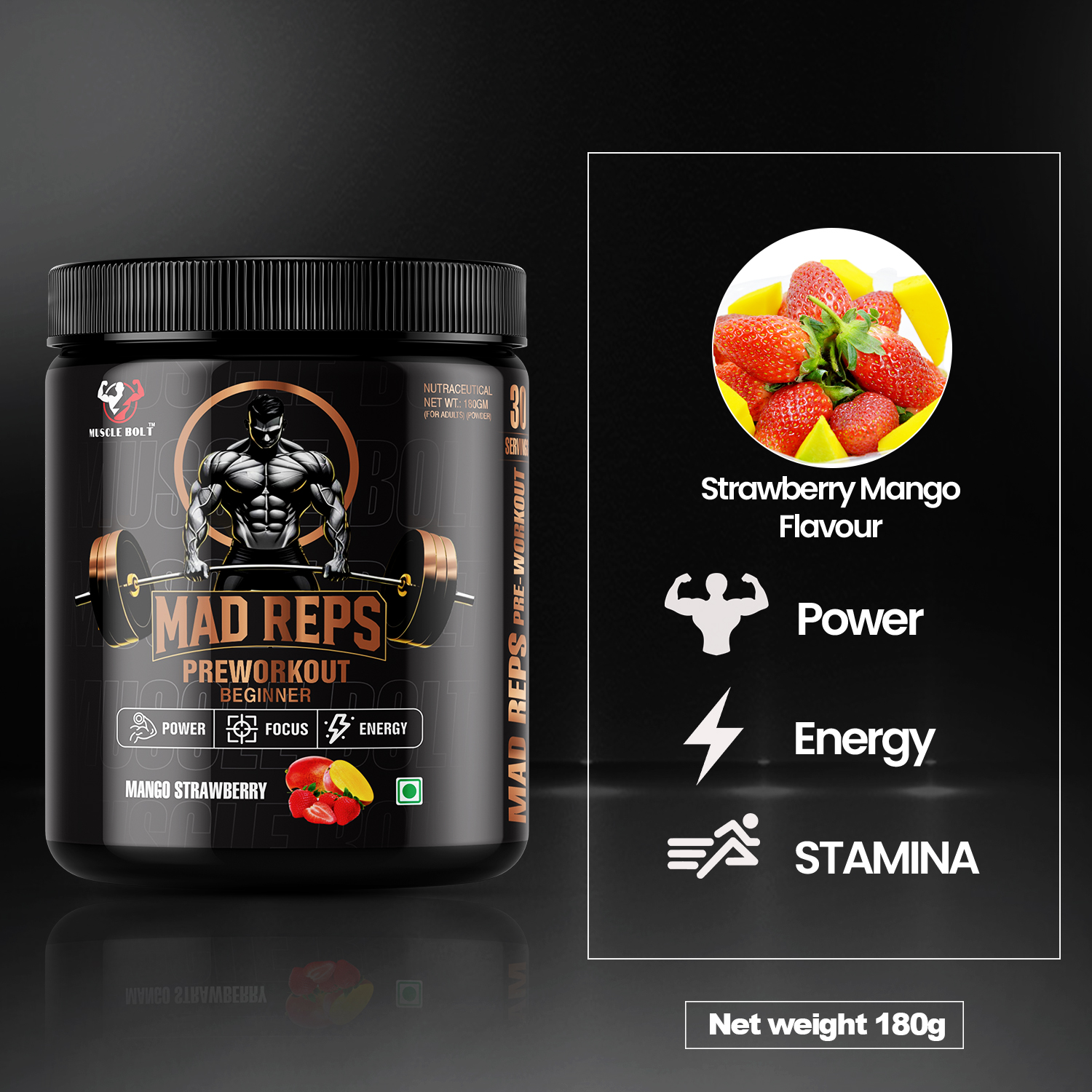 MUSCLEBOLT 180Gram 30Servings Beginner Pre Workout with Creatine Monohydrate, Arginine Beta-Alanine,(Mango Strawberry) - Image 2