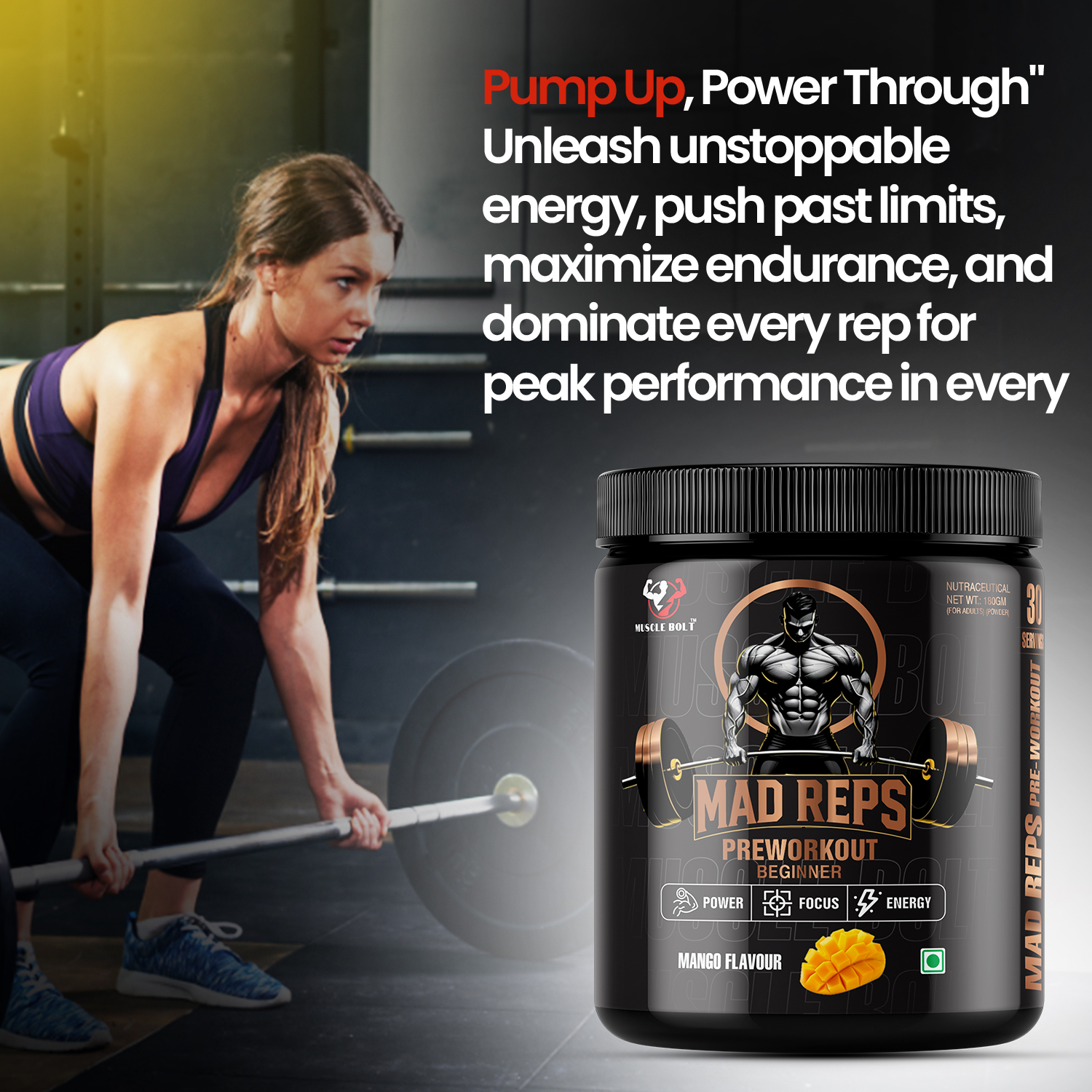 MUSCLEBOLT 180Gram 30Servings Beginner Pre Workout with Creatine Monohydrate, Arginine Beta-Alanine,(Mango) - Image 4