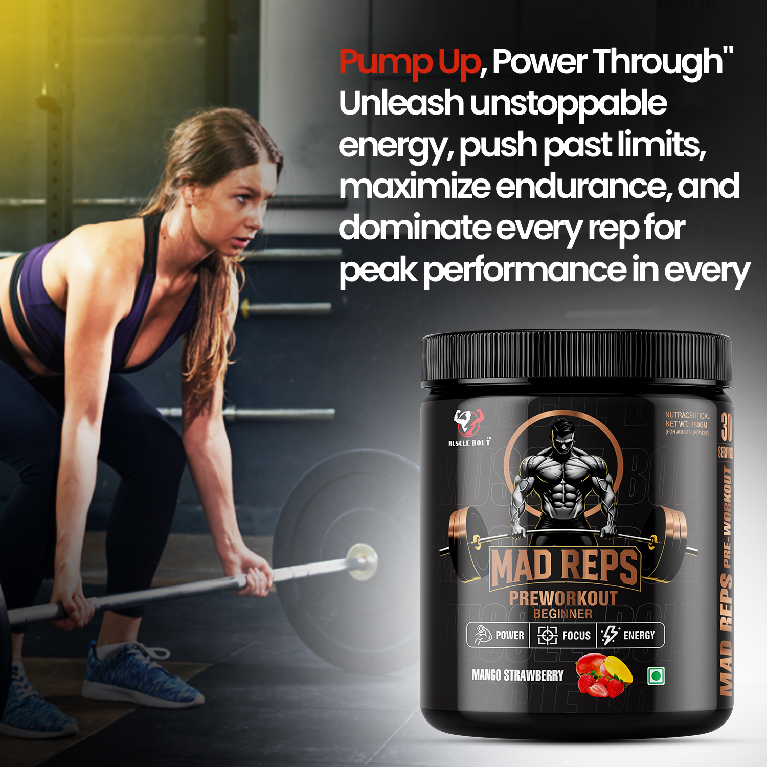 MUSCLEBOLT 180Gram 30Servings Beginner Pre Workout with Creatine Monohydrate, Arginine Beta-Alanine,(Mango Strawberry) - Image 4