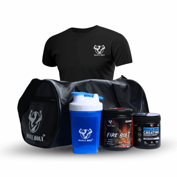 MuscleBolt Combo | 100% Pre-Workout Beginner’s, Creatine, Gym Bag, T-Shirt & Shaker