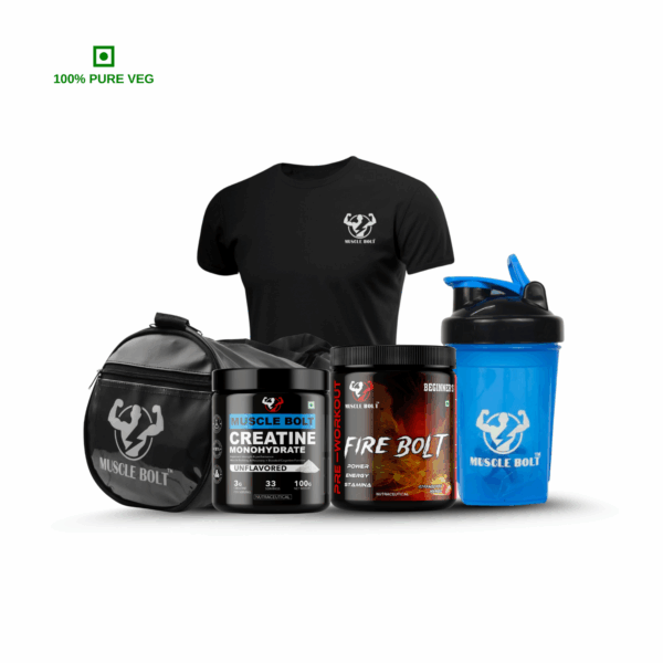 MuscleBolt Combo | 100% Pre-Workout Beginner’s, Creatine, Gym Bag, T-Shirt & Shaker
