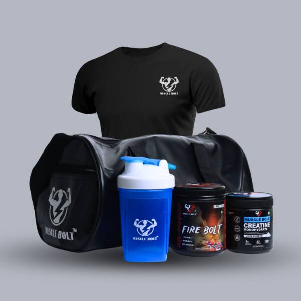 MuscleBolt Combo | 100% Pre-Workout Beginner’s, Creatine, Gym Bag, T-Shirt & Shaker