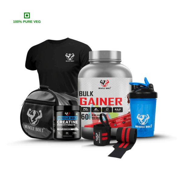 MUSCLEBOLT Fitness Starter Combo – BULK GAINER, CREATINE, GYM BAG, T-SHIRT, SHAKER & FREE WRIST BAND