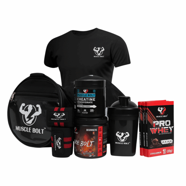 MuscleBolt All-in-One Fitness Starter Combo – Pre-Workout, Creatine, 3 Pro Whey Sachets, Gym Bag, T-Shirt, Shaker & Free Wrist Band