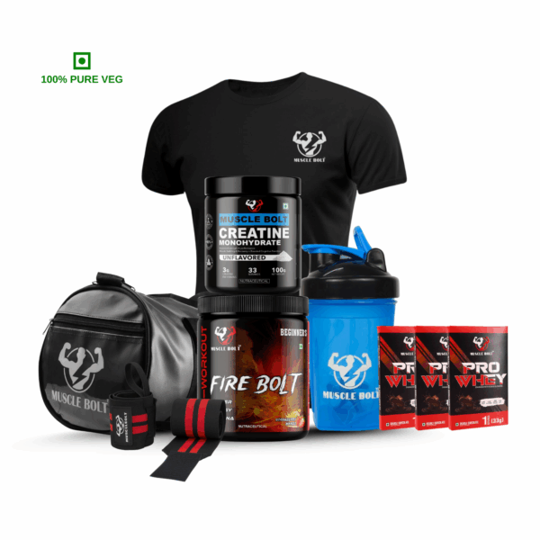 MuscleBolt All-in-One Fitness Starter Combo – Pre-Workout, Creatine, 3 Pro Whey Sachets, Gym Bag, T-Shirt, Shaker & Free Wrist Band