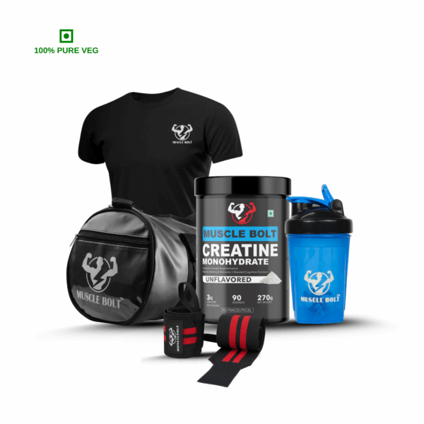 MuscleBolt Gym Combo, 270gm Creatine, Gym Bag, T-Shirt, Shaker & Wrist Band