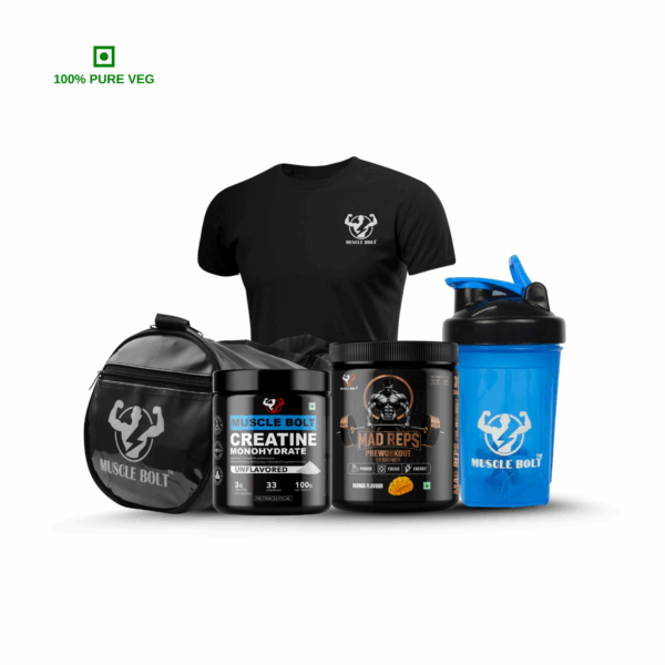 MuscleBolt Combo | 100% New Pre-Workout Beginner’s, Creatine, Gym Bag, T-Shirt & Shaker